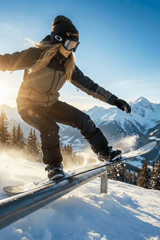 SUP girl snowboarding on a rail with mountains in the background, sporting Loco Beanie