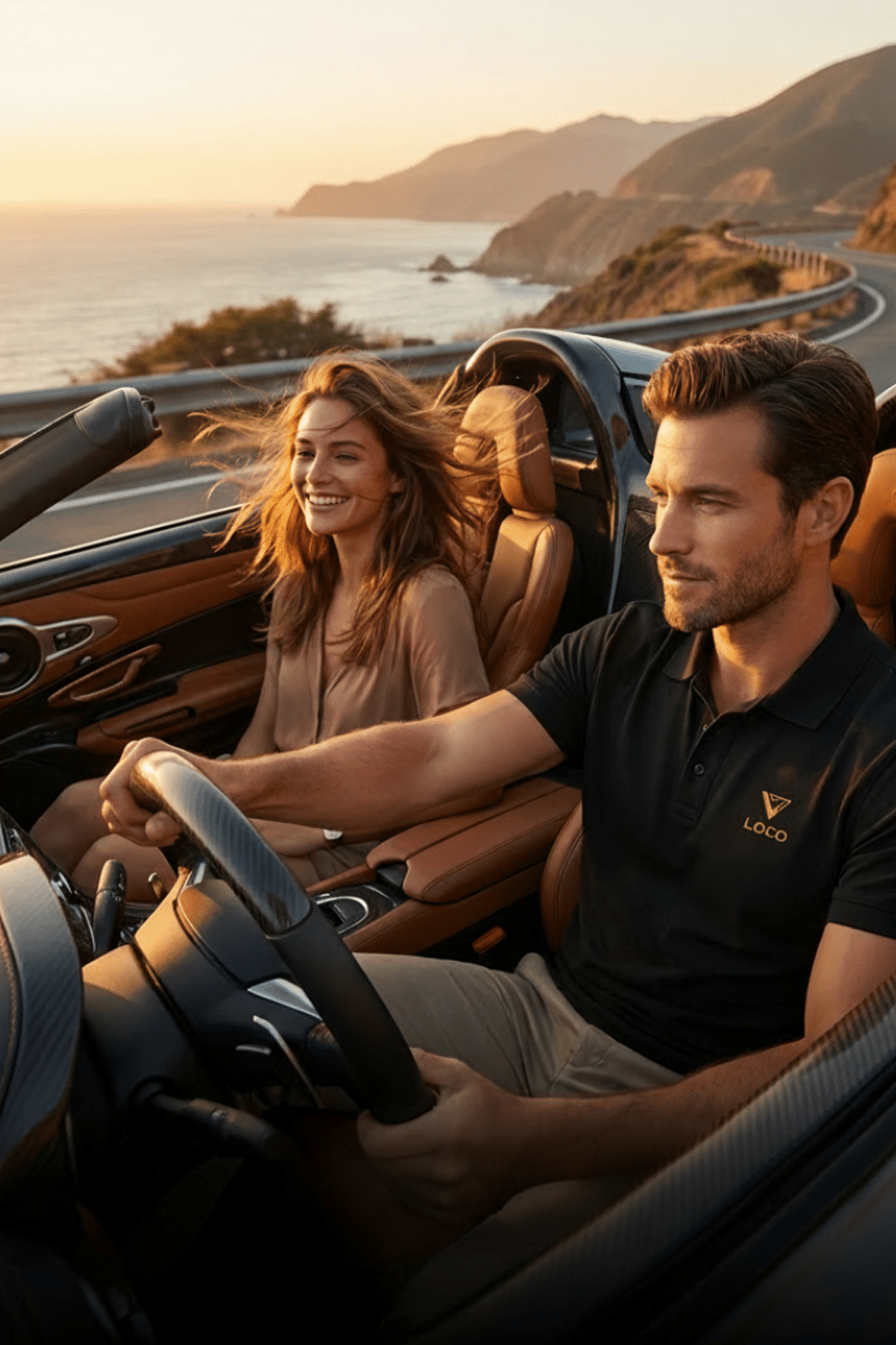 Paddleboarder wears Loco Polo Shirt sat next to his wife in their sportscar 