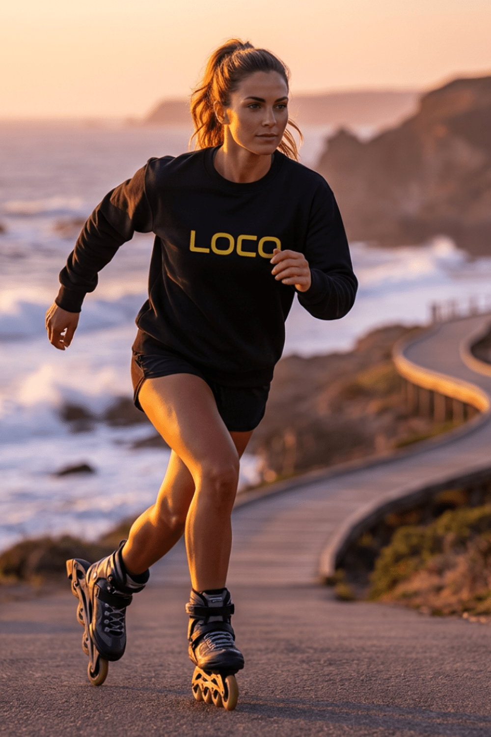 Woman rollerblading along a coastal path with 'LOCO' paddleboard clothing at sunset.