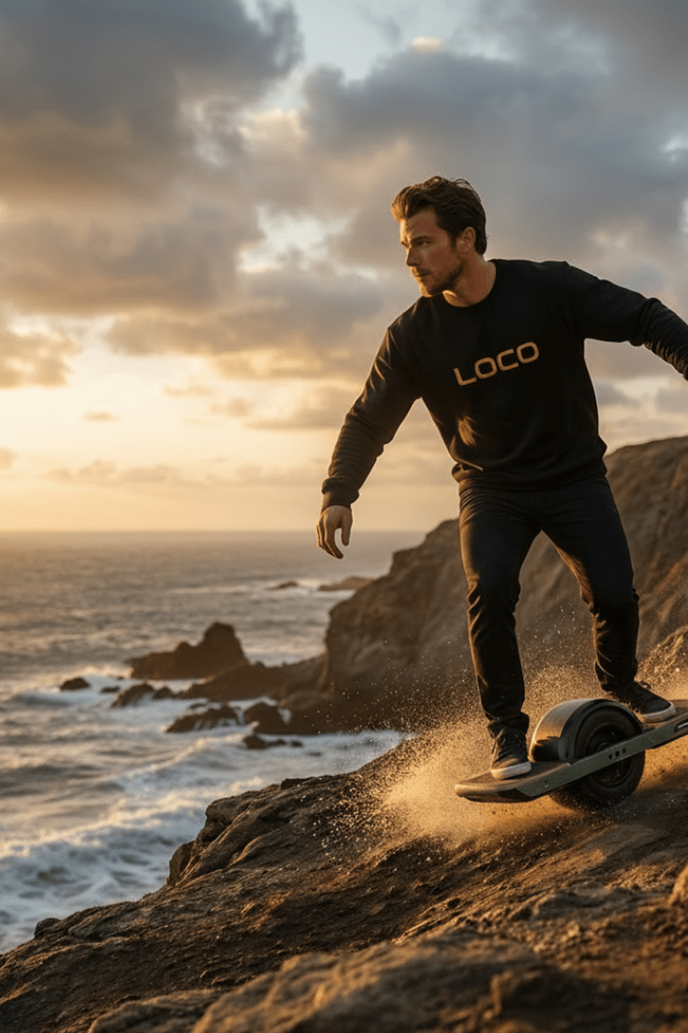 Paddle surfer riding his one wheel on a rocky cliff with ocean and sunset in the background