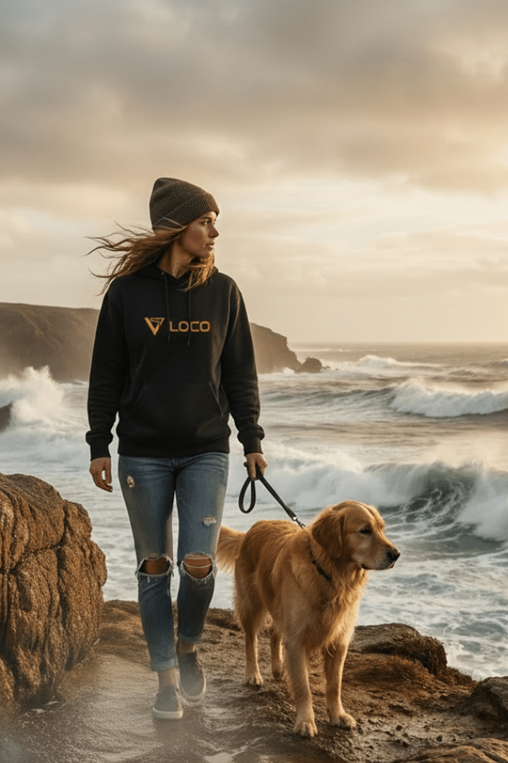 SUP girl walking a dog on a rocky beach with ocean waves and overcast sky.