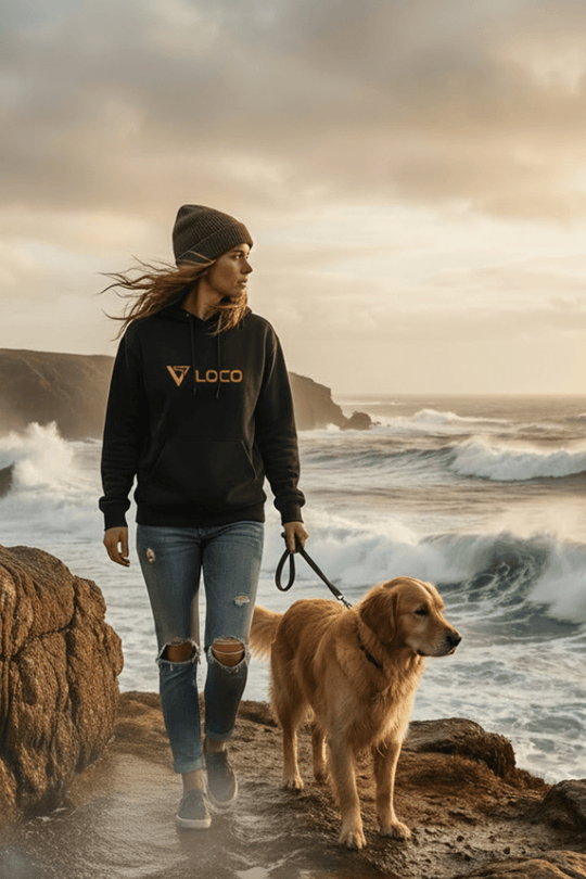 SUP girl walking a dog on a rocky beach with ocean waves and overcast sky.