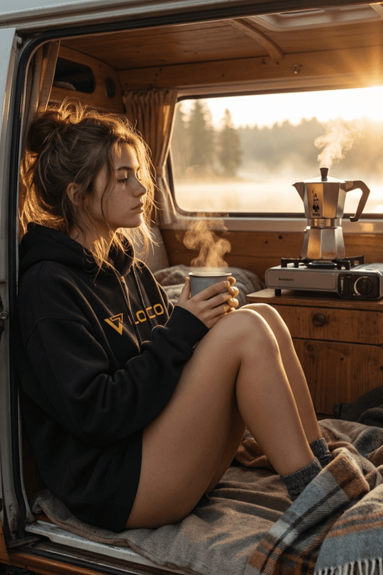 Woman sitting inside a van with a steaming cup, enjoying a scenic view.
