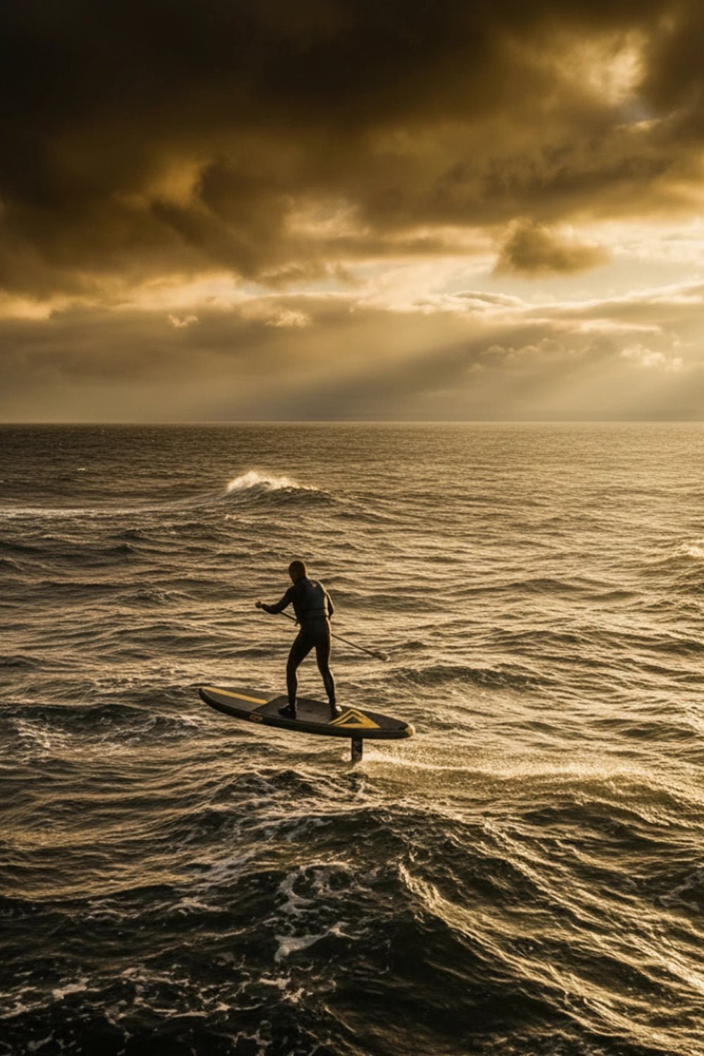Person downwind SUP foiling on a rough sea with dramatic clouds and sunlight
