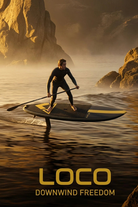 Person down winding on a foggy ocean with rocky cliffs in the background, featuring the brand 'LOCO'.