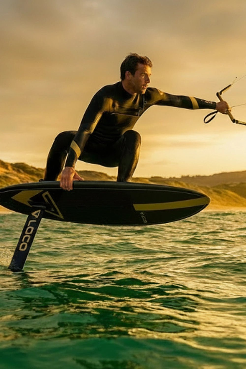 Person para-kiting a stand-up paddleboard with hydrofoil with a sunset in the background