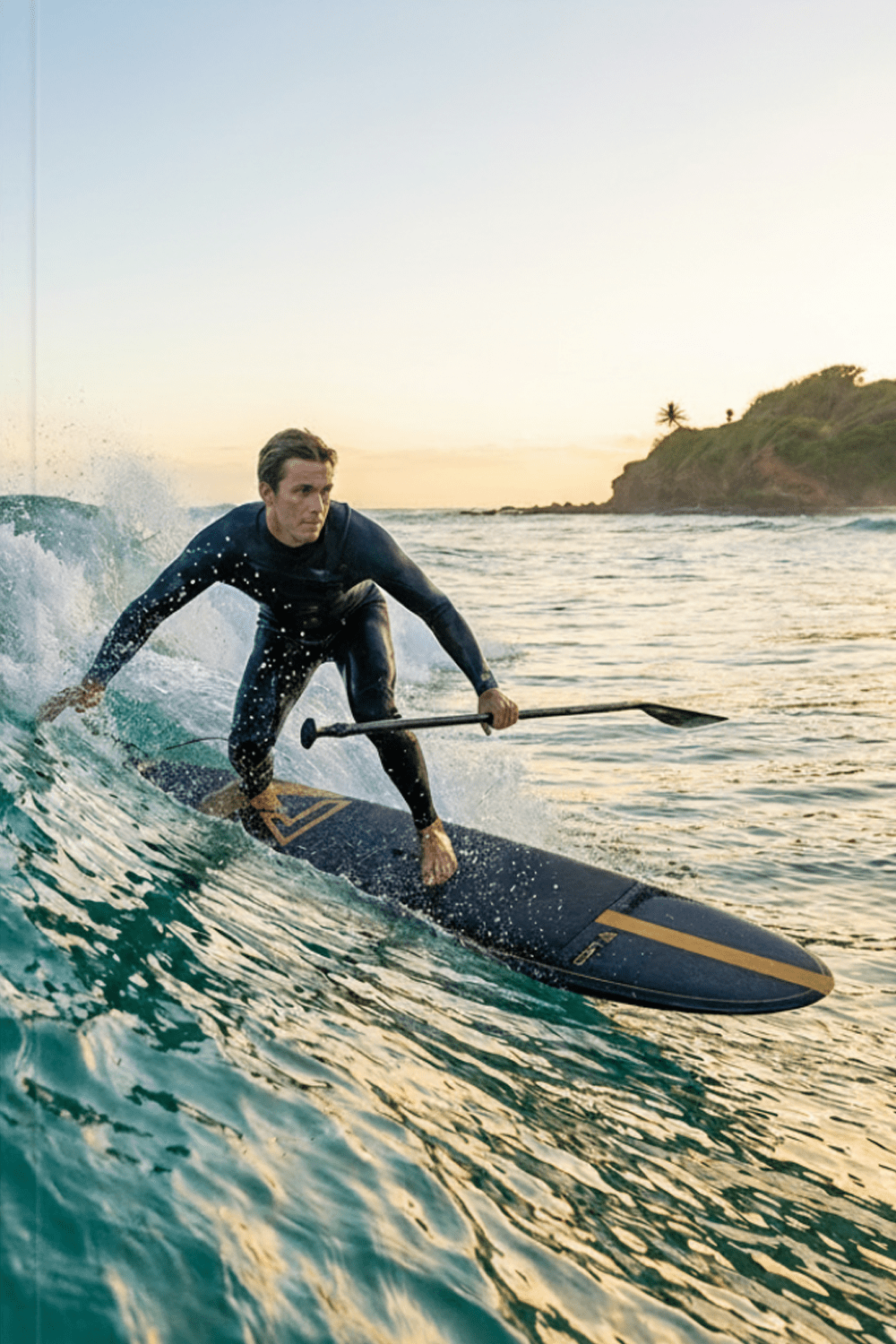 Man paddle surfing on a wave with a sunset and coastal background