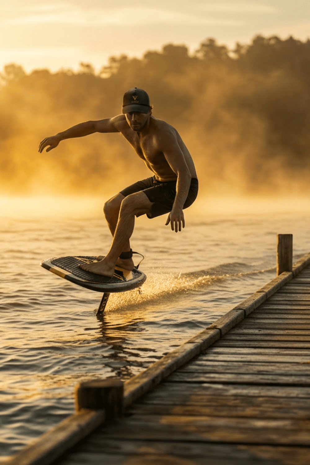 man dock start foiling on a lake at dawn