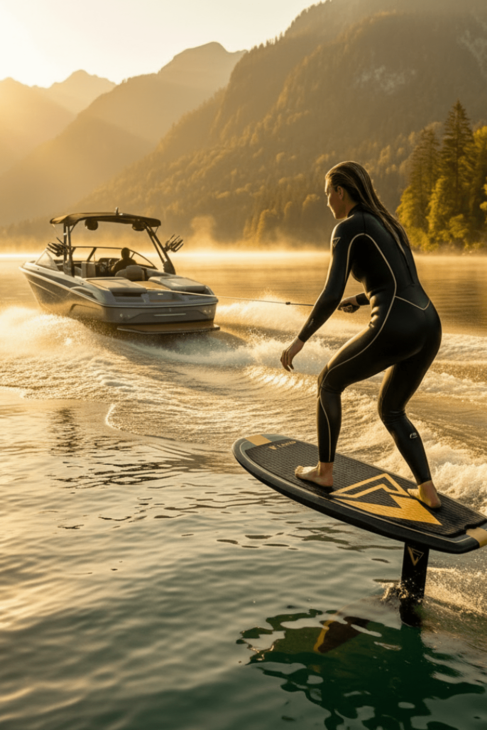 woman wake foiling at dawn on an alpine lake