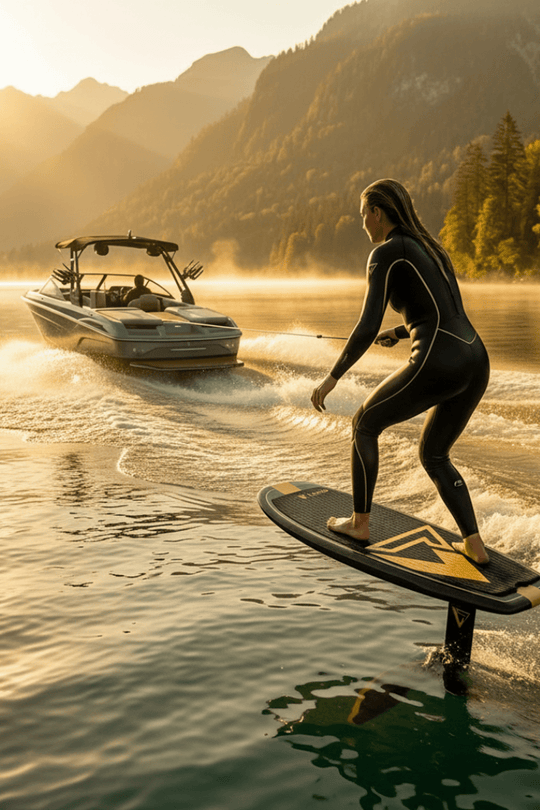 woman wake foiling at dawn on an alpine lake