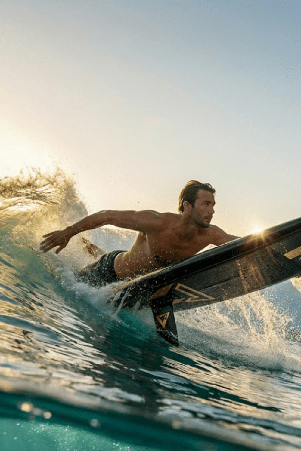 Foil boarder just about to fly on a wave in the Cali sun 