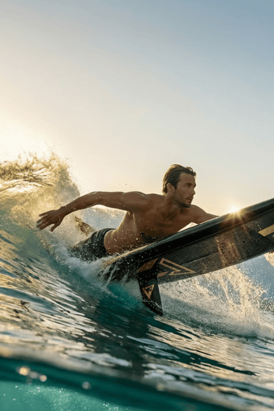 Foil boarder just about to fly on a wave in the Cali sun 