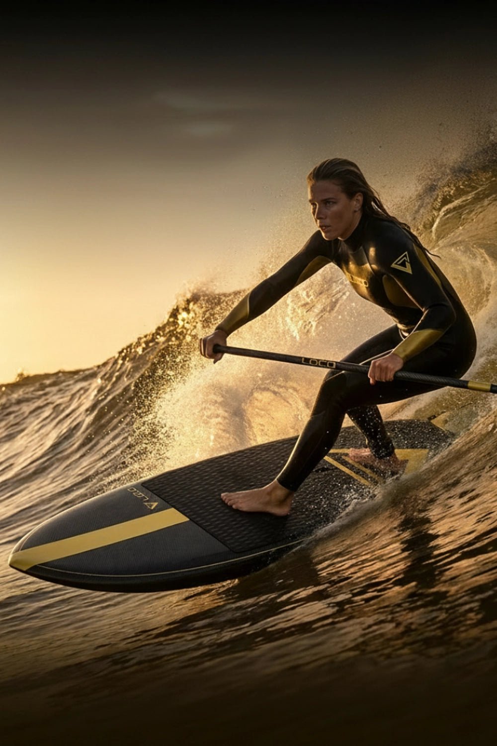 Woman SUP surfer on a wave at sunset