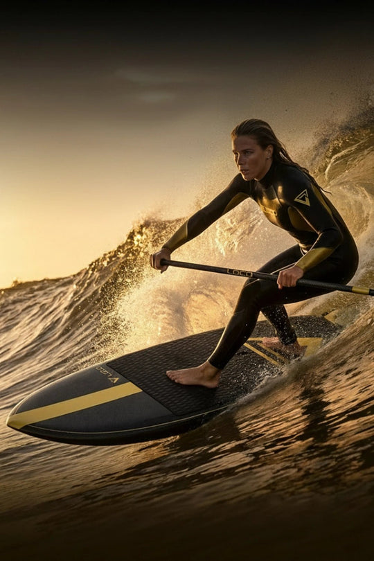 Woman SUP surfer on a wave at sunset