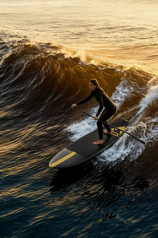 Surfer girl paddleboarding on a large wave at sunset