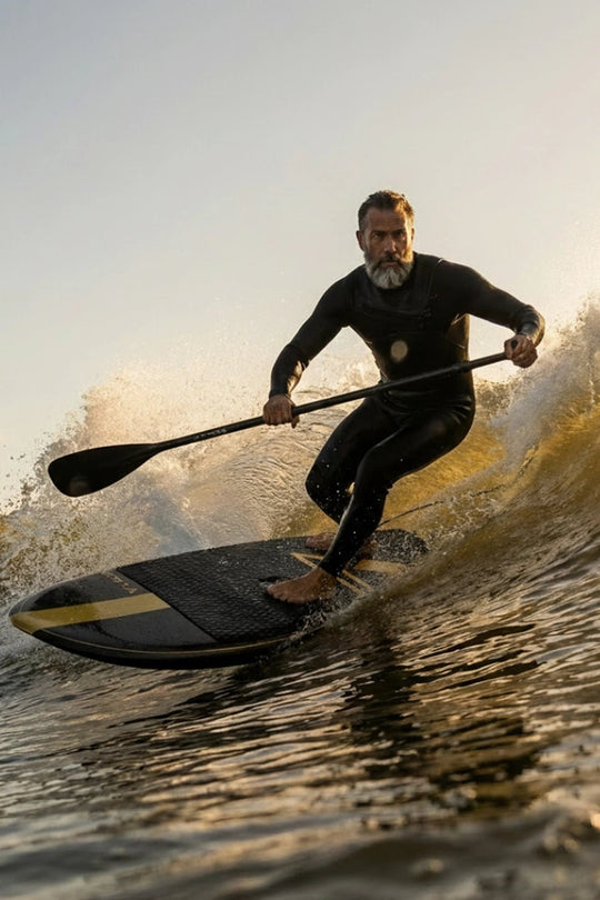 Man paddleboarding on a wave with a sunset in the background