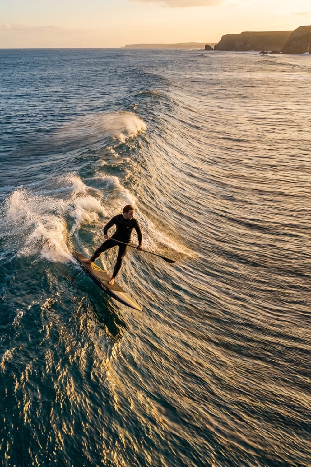 Person surfing on a wave with a sunset or sunrise in the background
