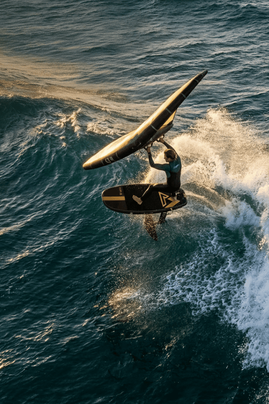 wingboarder does a top turn at golden hour