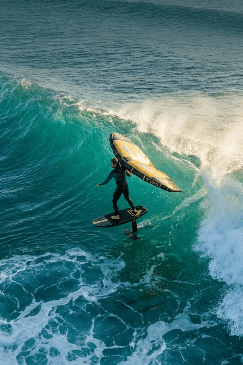 wing foiler racing the line on a large peeling wave at sunset