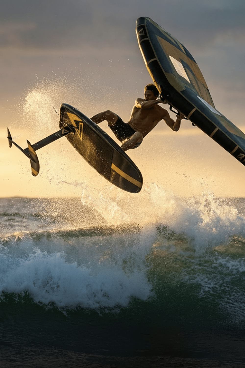 Person on a wingfoil board performing a jump over waves at sunset.