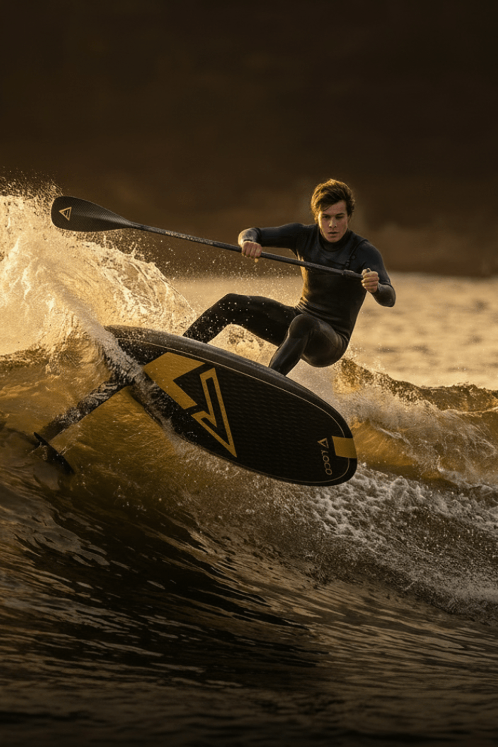 Person SUP foiling on a wave with a dark, moody sky.